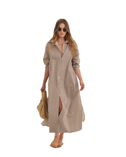Front View Of Cotton Shirt Dress | Brown
