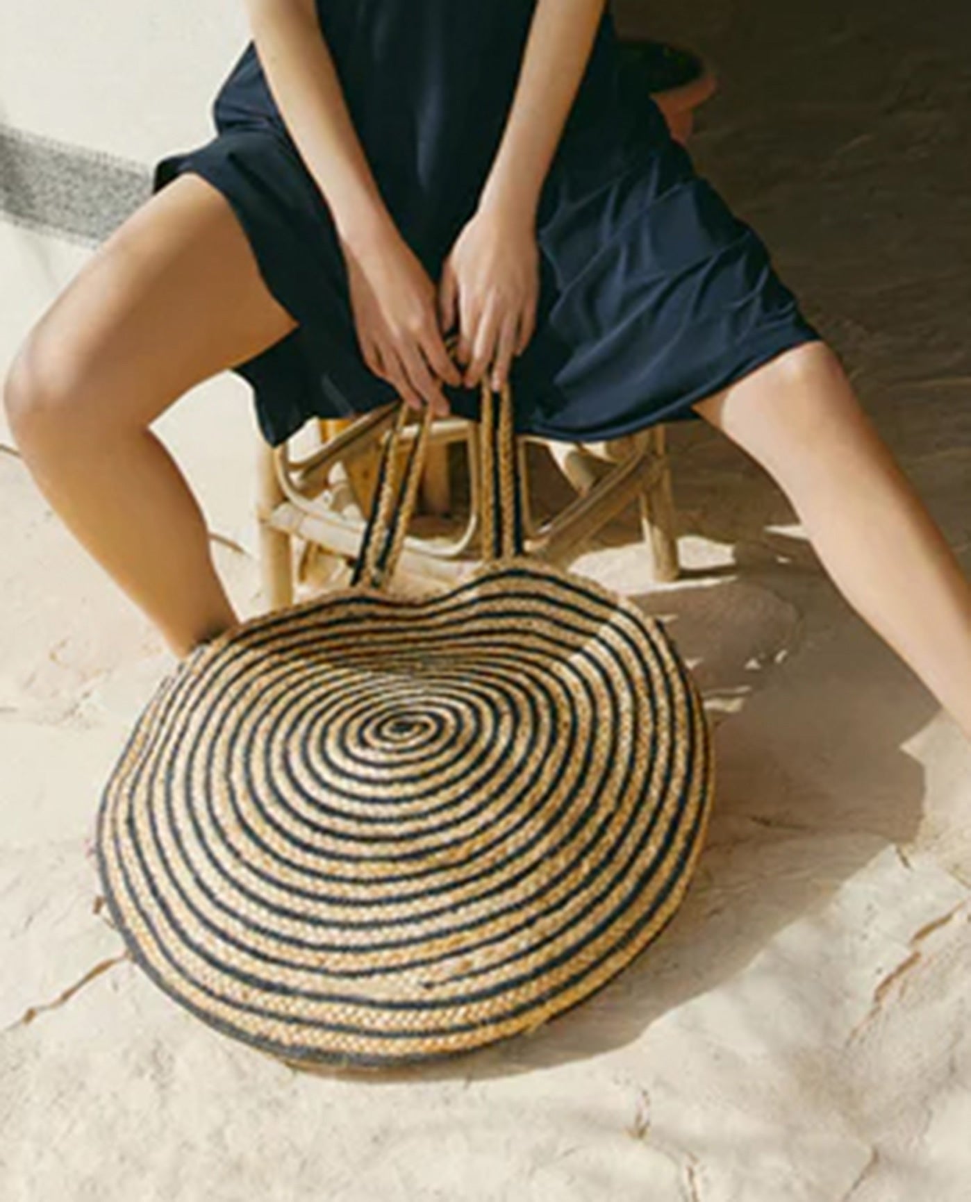 Alternate Front View Of Gottex Large Round Bag | GOTTEX NATURAL WITH BLACK SPIRAL