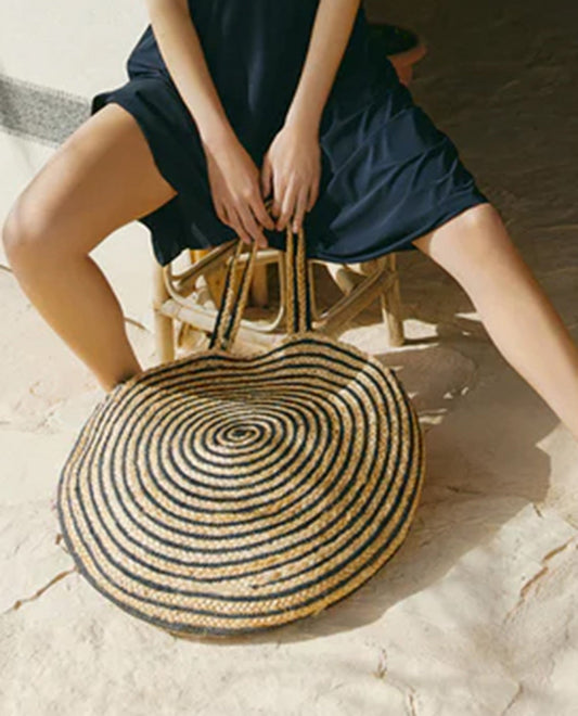 Alternate Front View Of Gottex Large Round Bag | GOTTEX NATURAL WITH BLACK SPIRAL