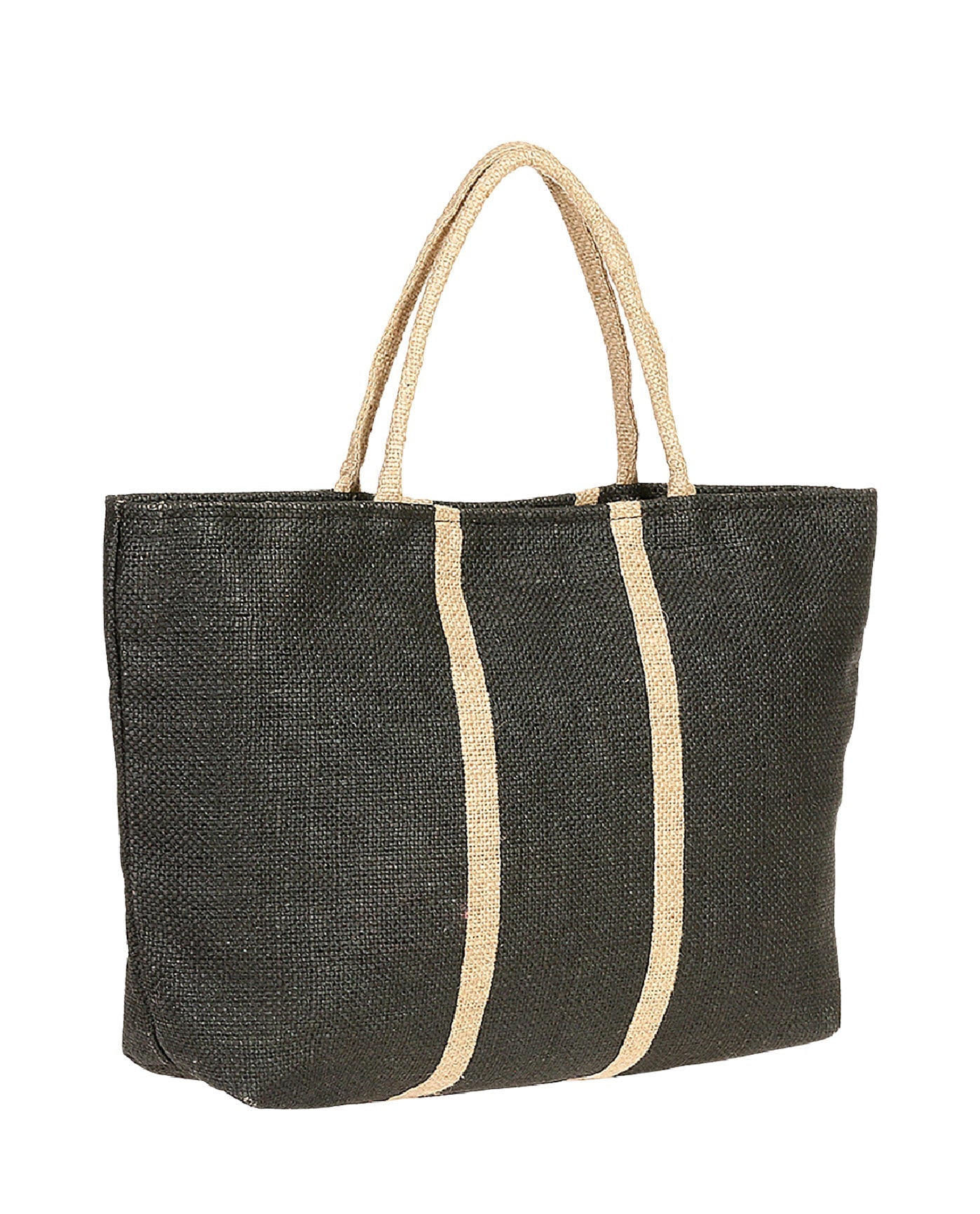 Front View Of Gottex Medium Jute Tote Bag | GOTTEX BLACK WITH CREAM