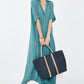 Alternate Front View Of Gottex Medium Jute Tote Bag | GOTTEX NAVY WITH CREAM