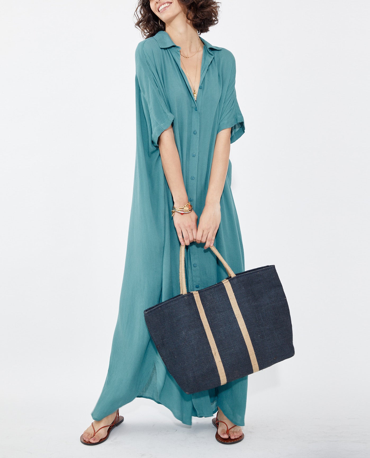 Alternate Front View Of Gottex Medium Jute Tote Bag | GOTTEX NAVY WITH CREAM