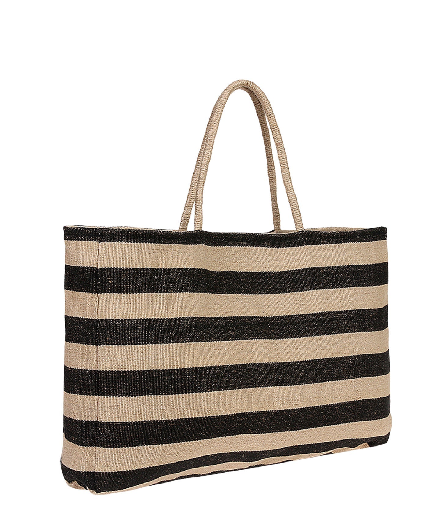 Front View Of Gottex Large Jute Bag | GOTTEX BLACK AND NATURAL STRIPES
