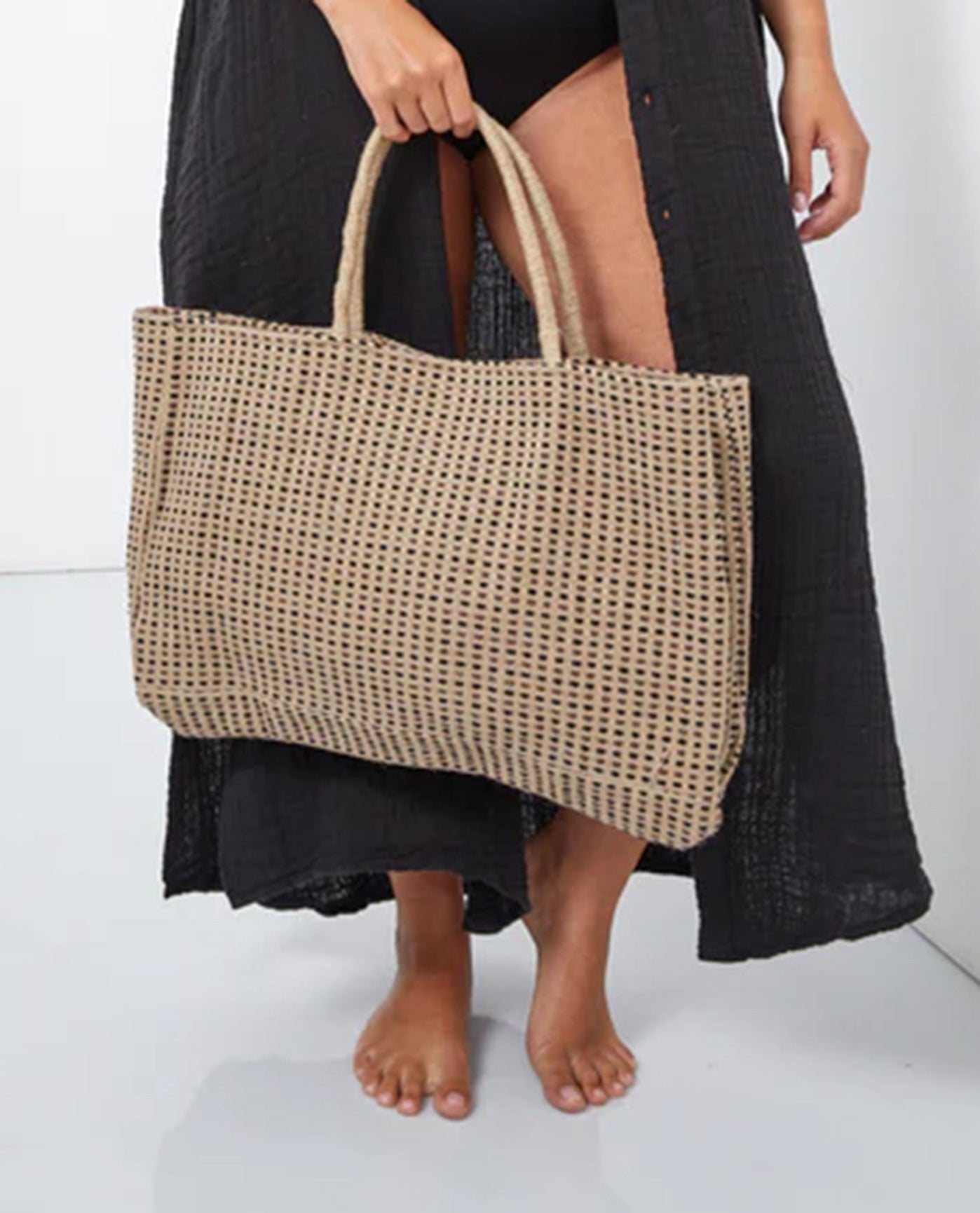 Alternate Front View Of Gottex Large Jute Bag | GOTTEX BLACK AND BROWN PIXEL