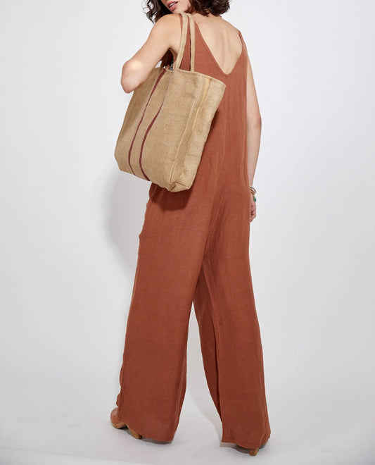 Side View Of Gottex Large Jute Bag | GOTTEX CREAM WITH RED