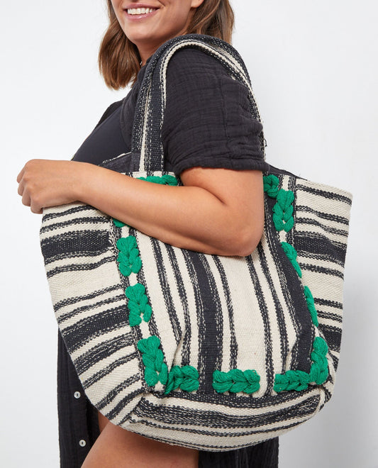 Front View Of Gottex Pom Pom Striped Cotton Bag | GOTTEX GREEN POM POM
