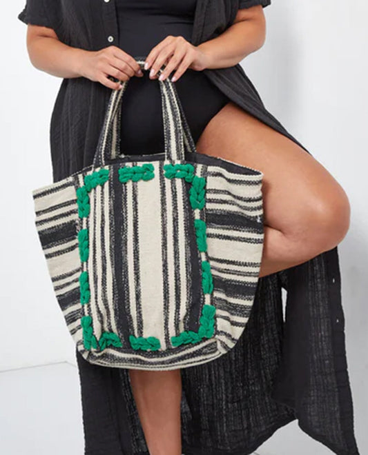 Alternate Front View Of Gottex Pom Pom Striped Cotton Bag | GOTTEX GREEN POM POM