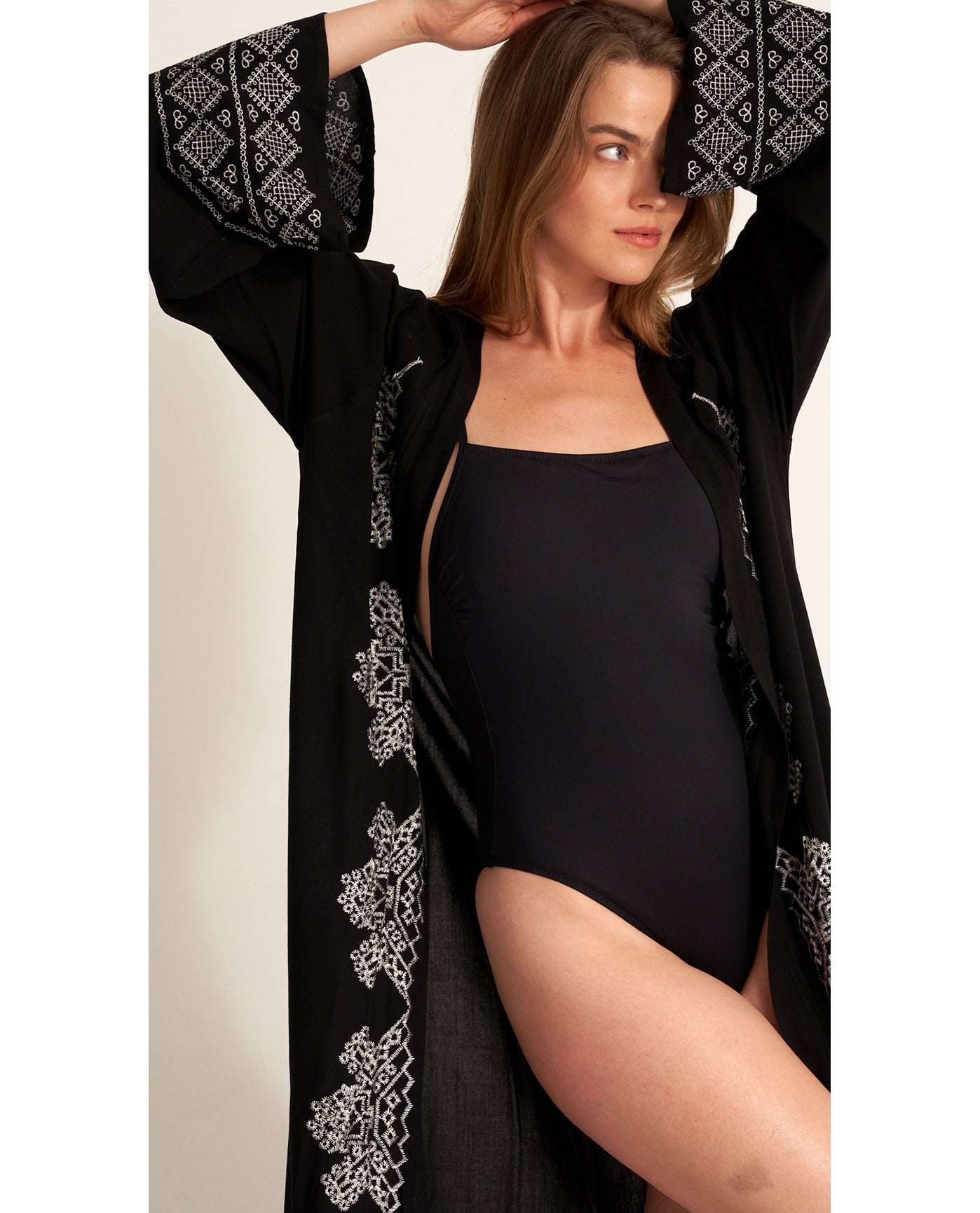 Embroidered Robe Cover-Up - Black