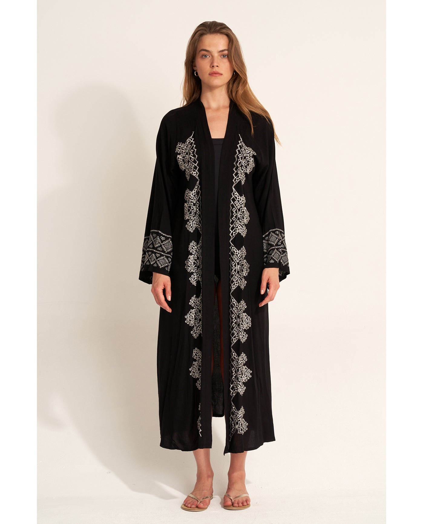 Embroidered Robe Cover-Up - Black