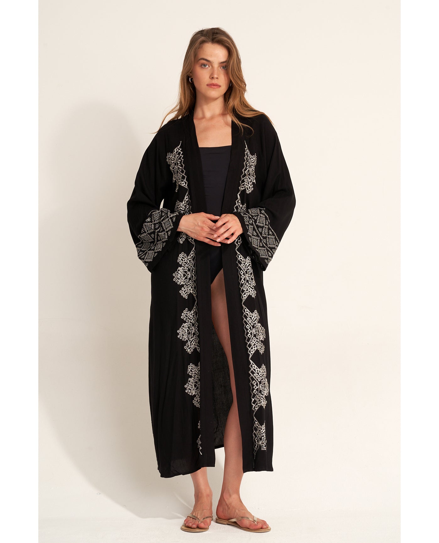 Embroidered Robe Cover-Up - Black