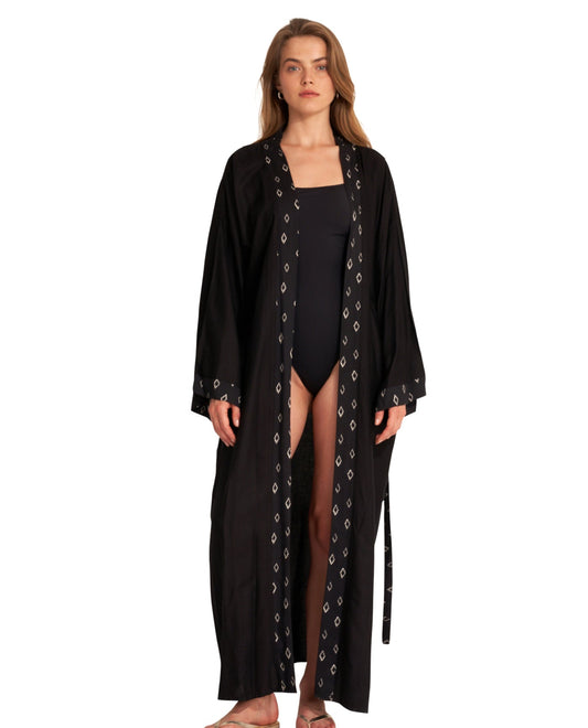 Front View Of Gottex Beach Life Diamond Midi Cover Up Kimono | Black