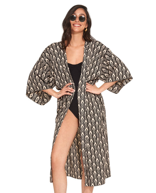 Front View Of Gottex Beach Life Midi Cover Up Kimono | GOTTEX BEACH LIFE KAREN BLACK AND BROWN