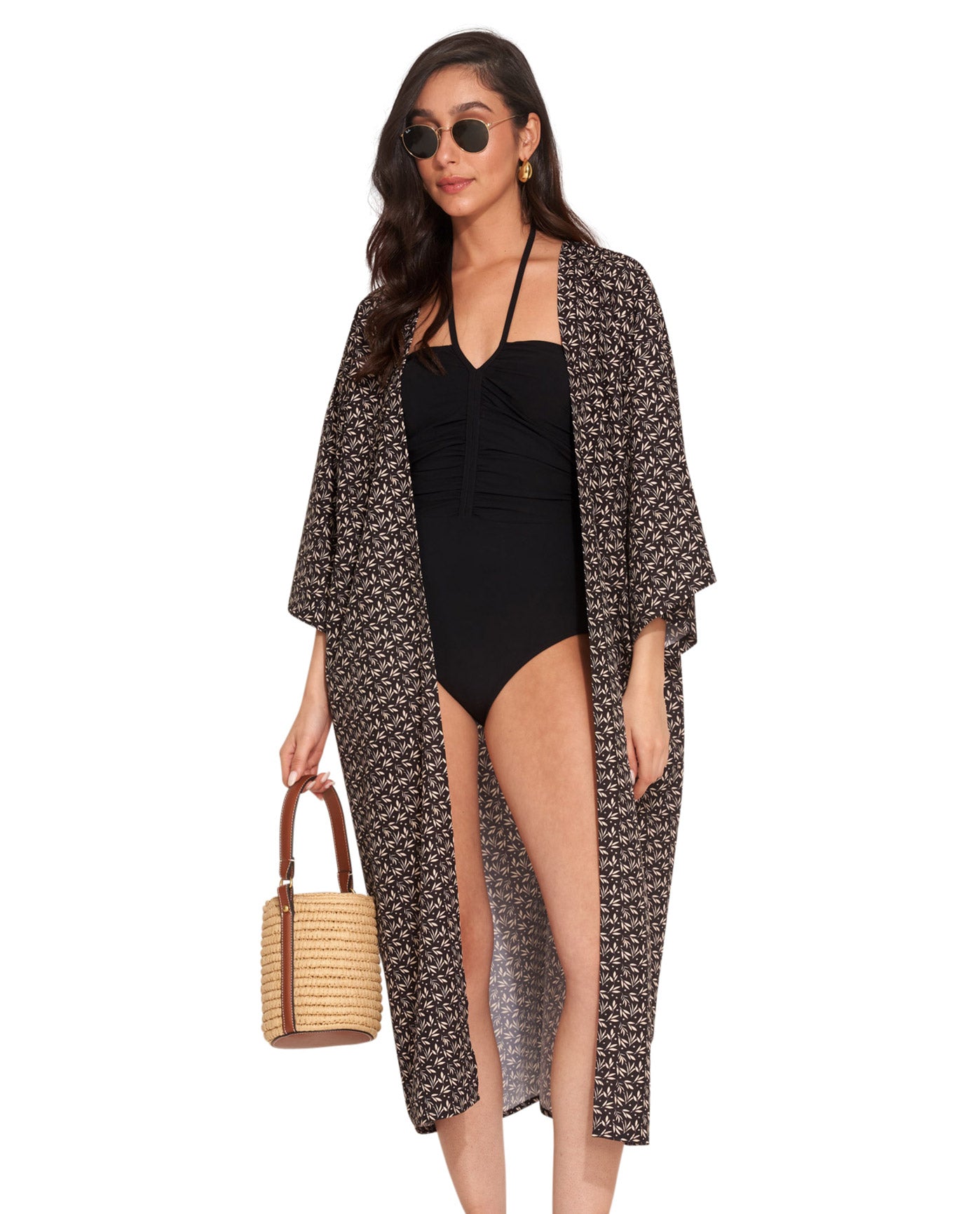 Front View Of Gottex Beach Life Midi Cover Up Kimono | GOTTEX BEACH LIFE MIKA BLACK