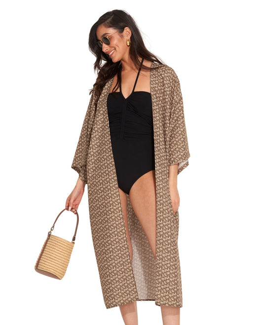 Front View Of Gottex Beach Life Midi Cover Up Kimono | GOTTEX BEACH LIFE MIKA GREEN