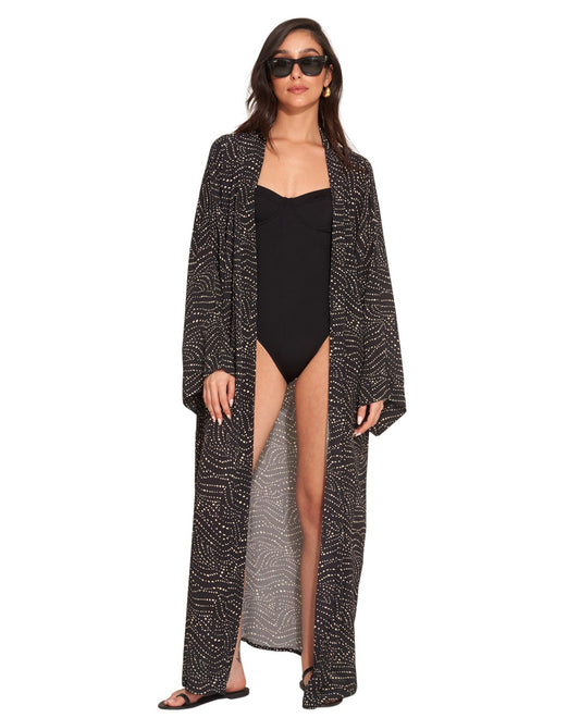 Front View Of Gottex Beach Life Issey Maxi Cover Up Kimono | Black