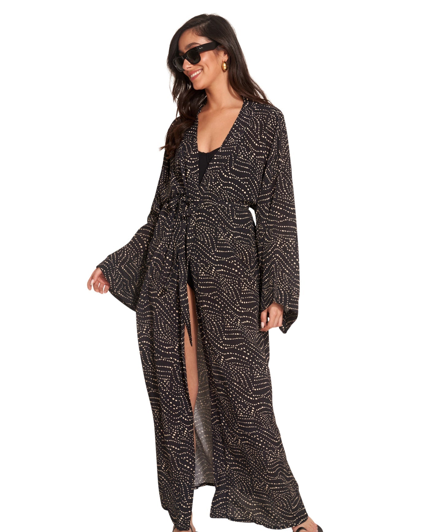 Side View Of Gottex Beach Life Maxi Cover Up Kimono | GOTTEX BEACH LIFE ISSEY BLACK