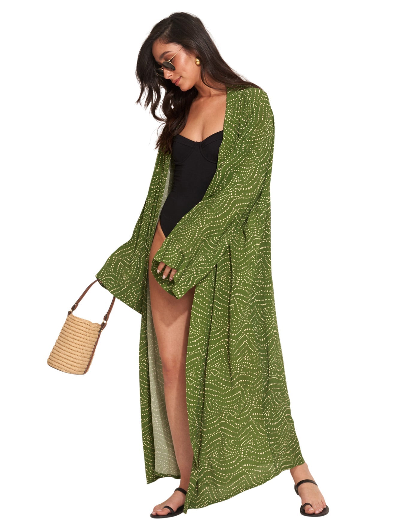 Side View Of Gottex Beach Life Maxi Cover Up Kimono | GOTTEX BEACH LIFE ISSEY GREEN