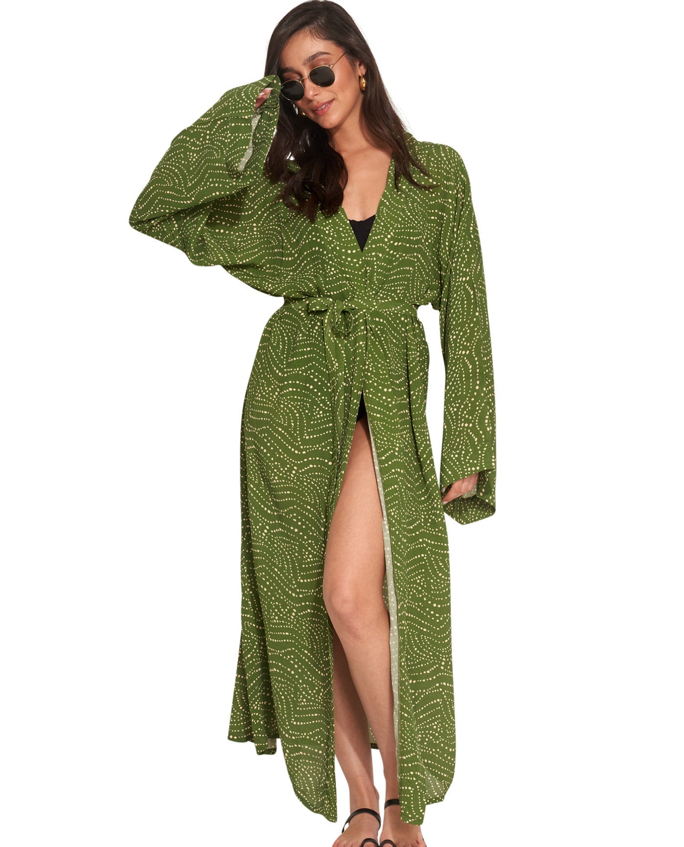 Alternate Front View Of Gottex Beach Life Maxi Cover Up Kimono | GOTTEX BEACH LIFE ISSEY GREEN