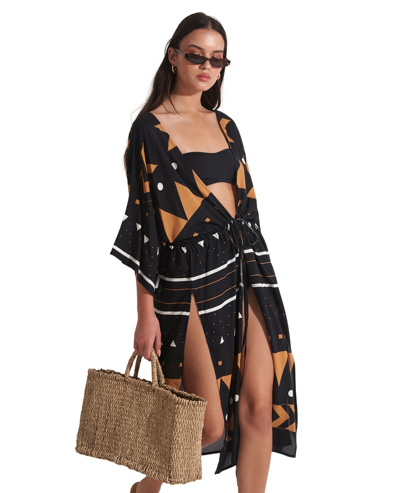 Side View View Of Gottex Beach Life Midi Cover Up Kimono | GOTTEX BEACH LIFE ANAT BLACK