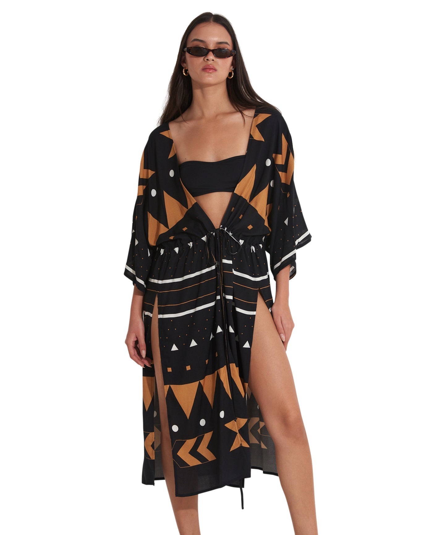 Front View Of Gottex Beach Life Midi Cover Up Kimono | GOTTEX BEACH LIFE ANAT BLACK
