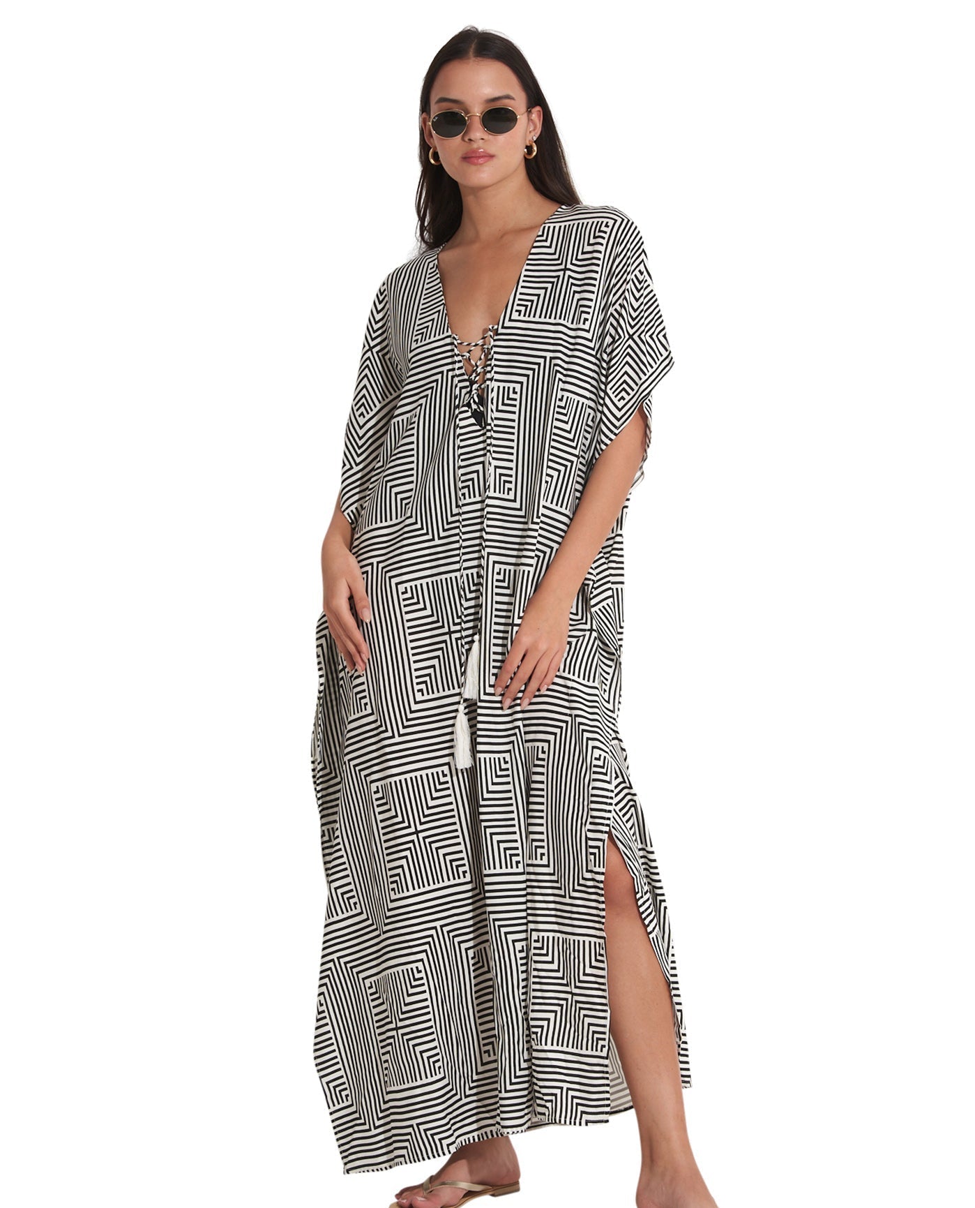 Front View Of Gottex Beach Life Hanna Lace Up Cover Up Kaftan | Black and White