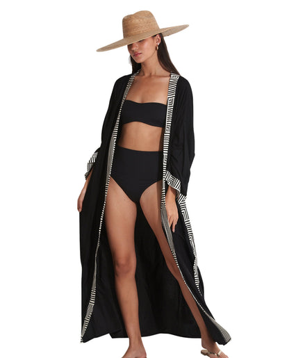 Front View Of Gottex Beach Life Midi Cover Up Kimono | GOTTEX BEACH LIFE LEE BLACK