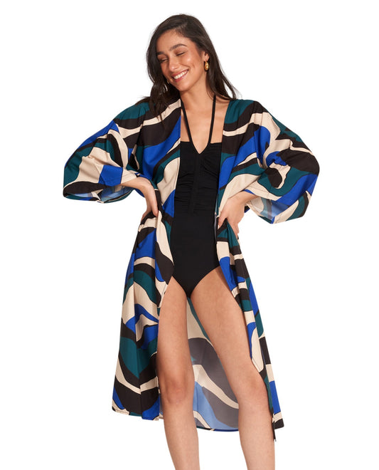 Front View Of Gottex Beach Life Midi Cover Up Kimono | GOTTEX BEACH LIFE IRIS BLUE