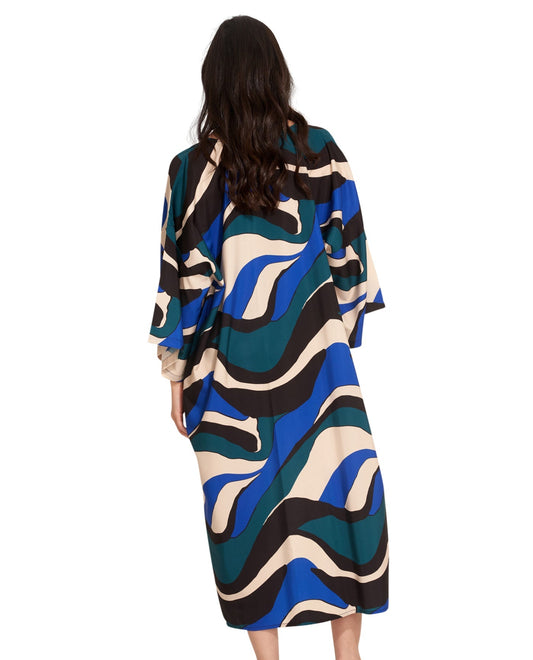Back View Of Gottex Beach Life Midi Cover Up Kimono | GOTTEX BEACH LIFE IRIS BLUE