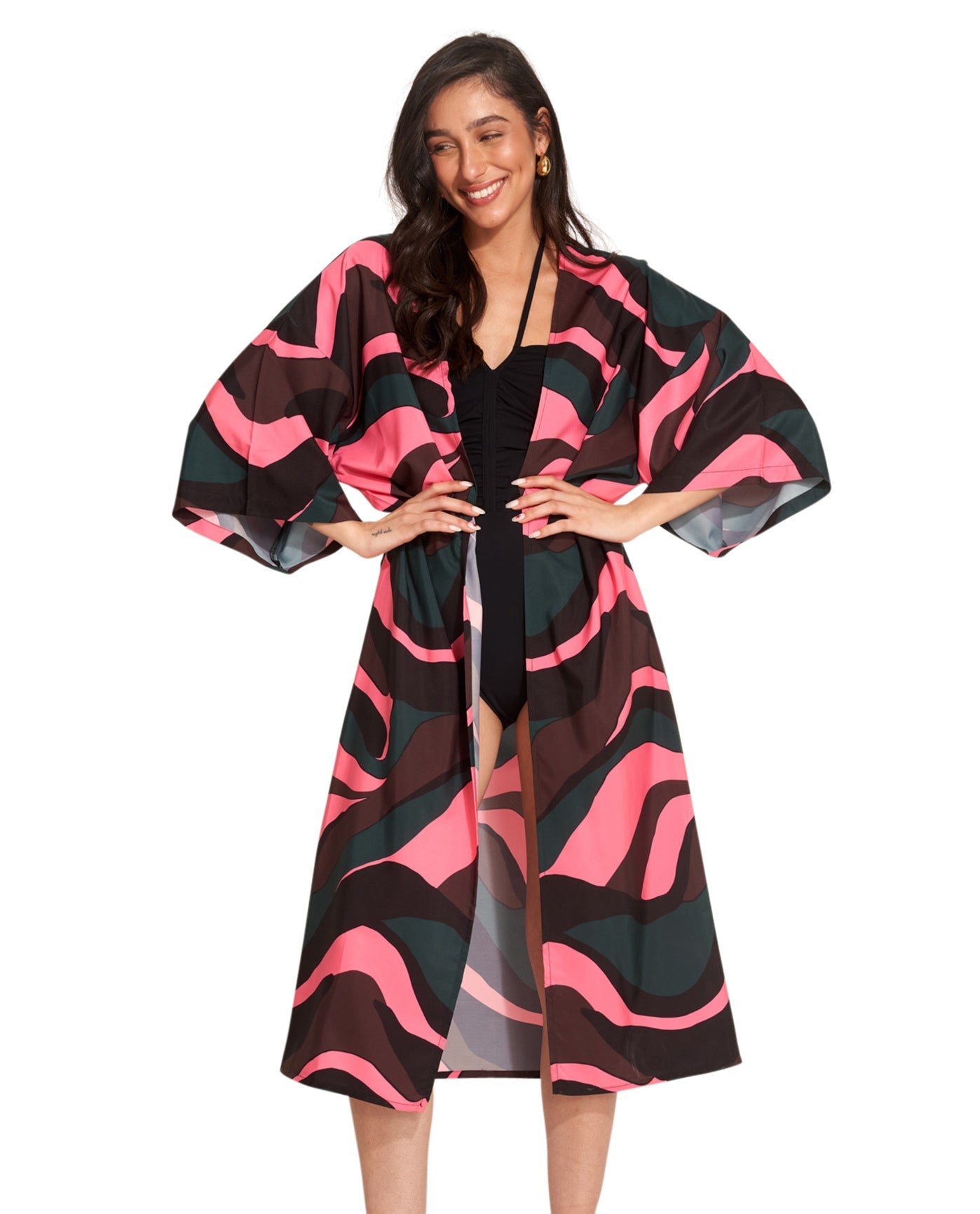 Front View Of Gottex Beach Life Midi Cover Up Kimono | GOTTEX BEACH LIFE IRIS PINK