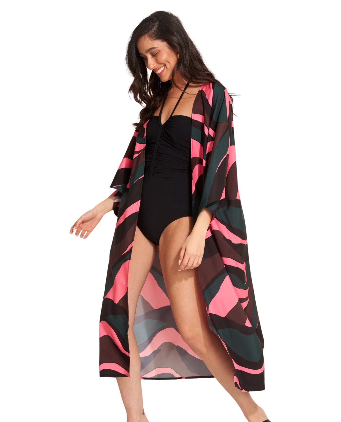 Side View Of Gottex Beach Life Midi Cover Up Kimono | GOTTEX BEACH LIFE IRIS PINK