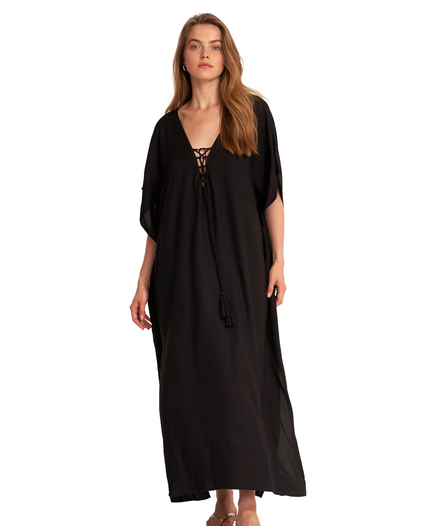 Front View Of Gottex Beach Life Best Lace Up Cover Up Kaftan | Black