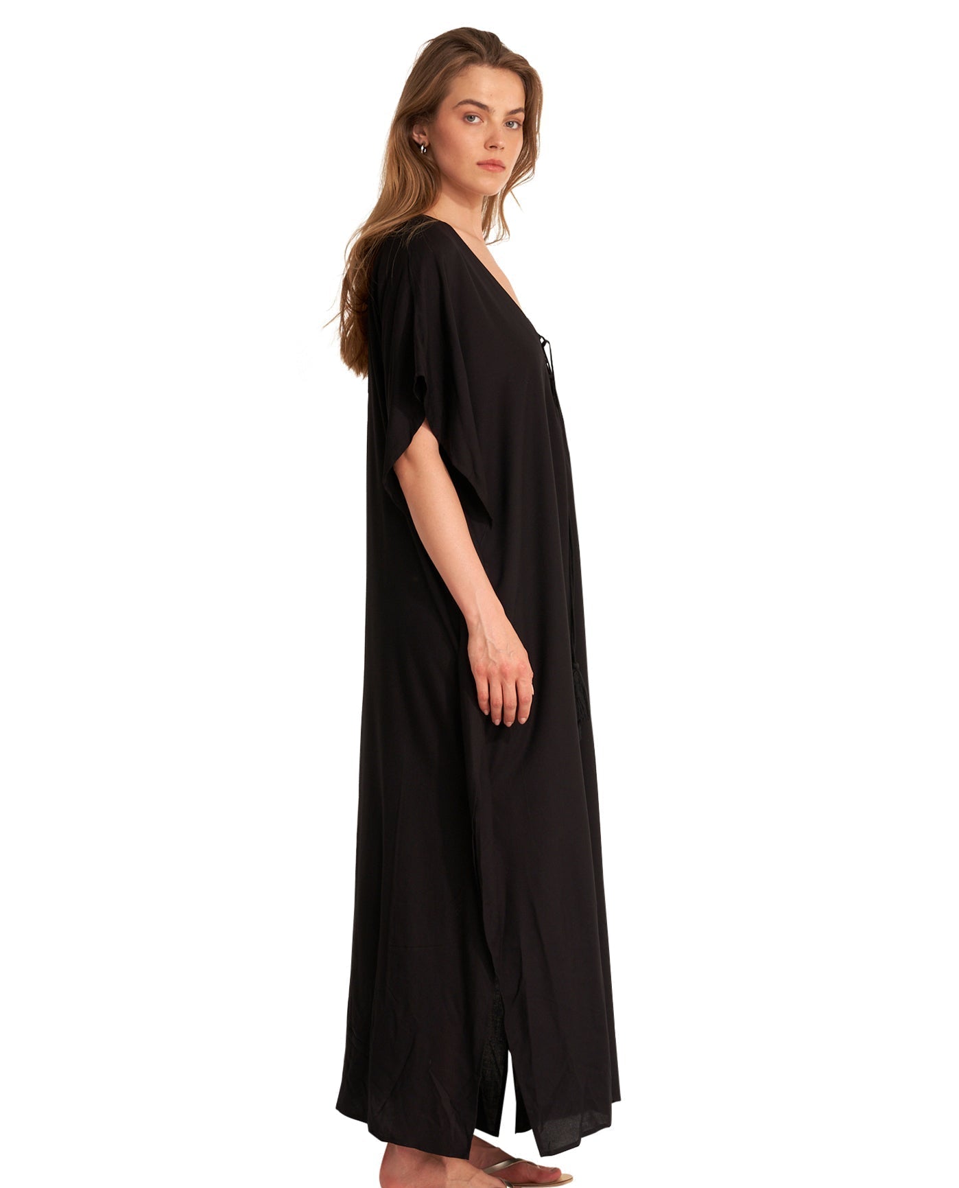 Side View Of Gottex Beach Life Best Lace Up Cover Up Kaftan | Black