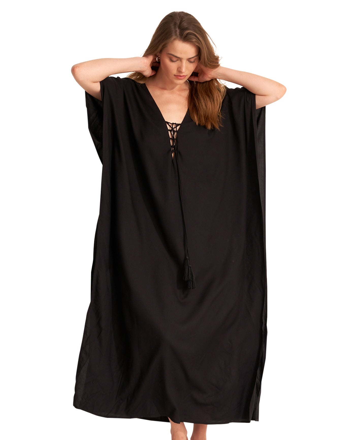 Front View Of Gottex Beach Life Best Lace Up Cover Up Kaftan | Black