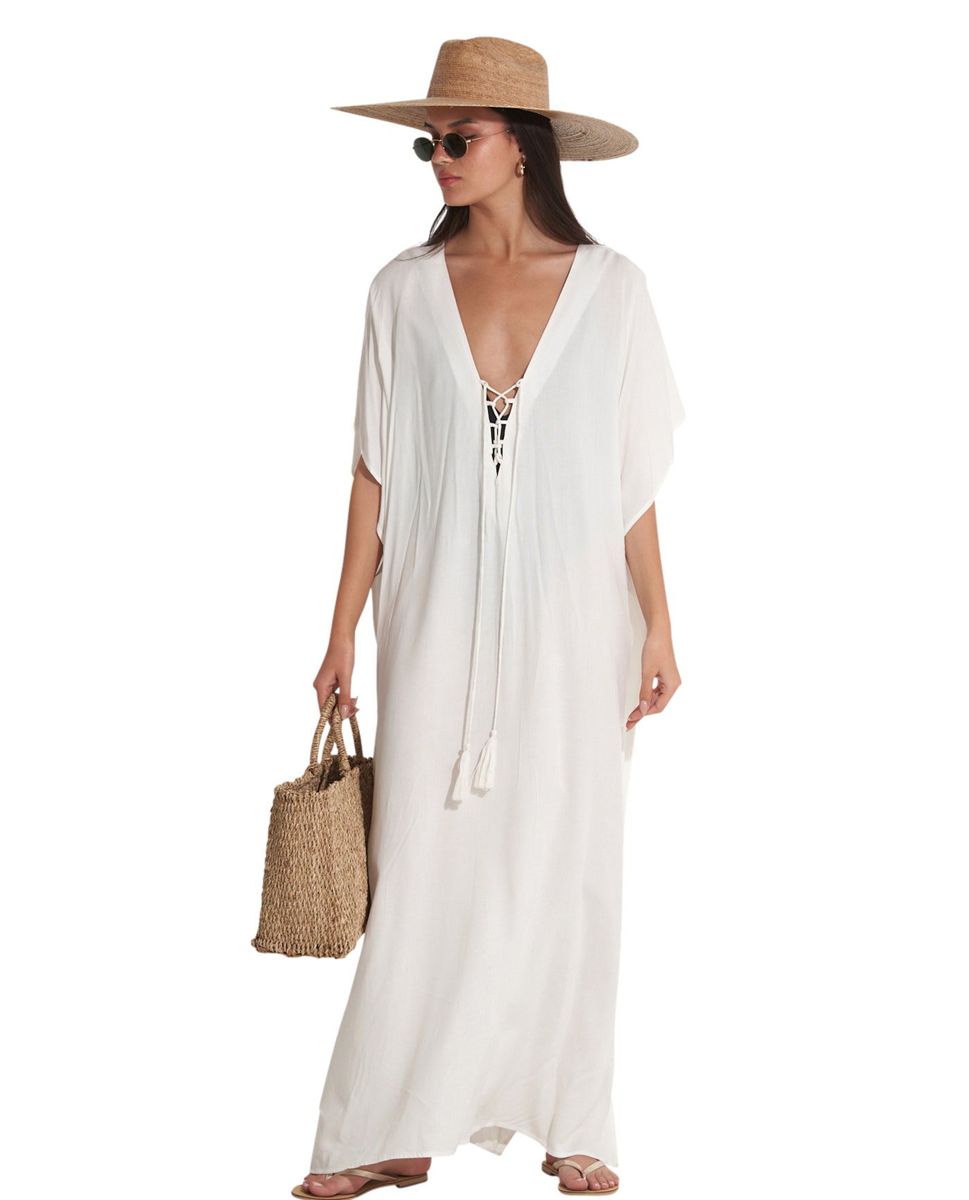 Front View Of Gottex Beach Life Best Lace Up Cover Up Kaftan | Cream