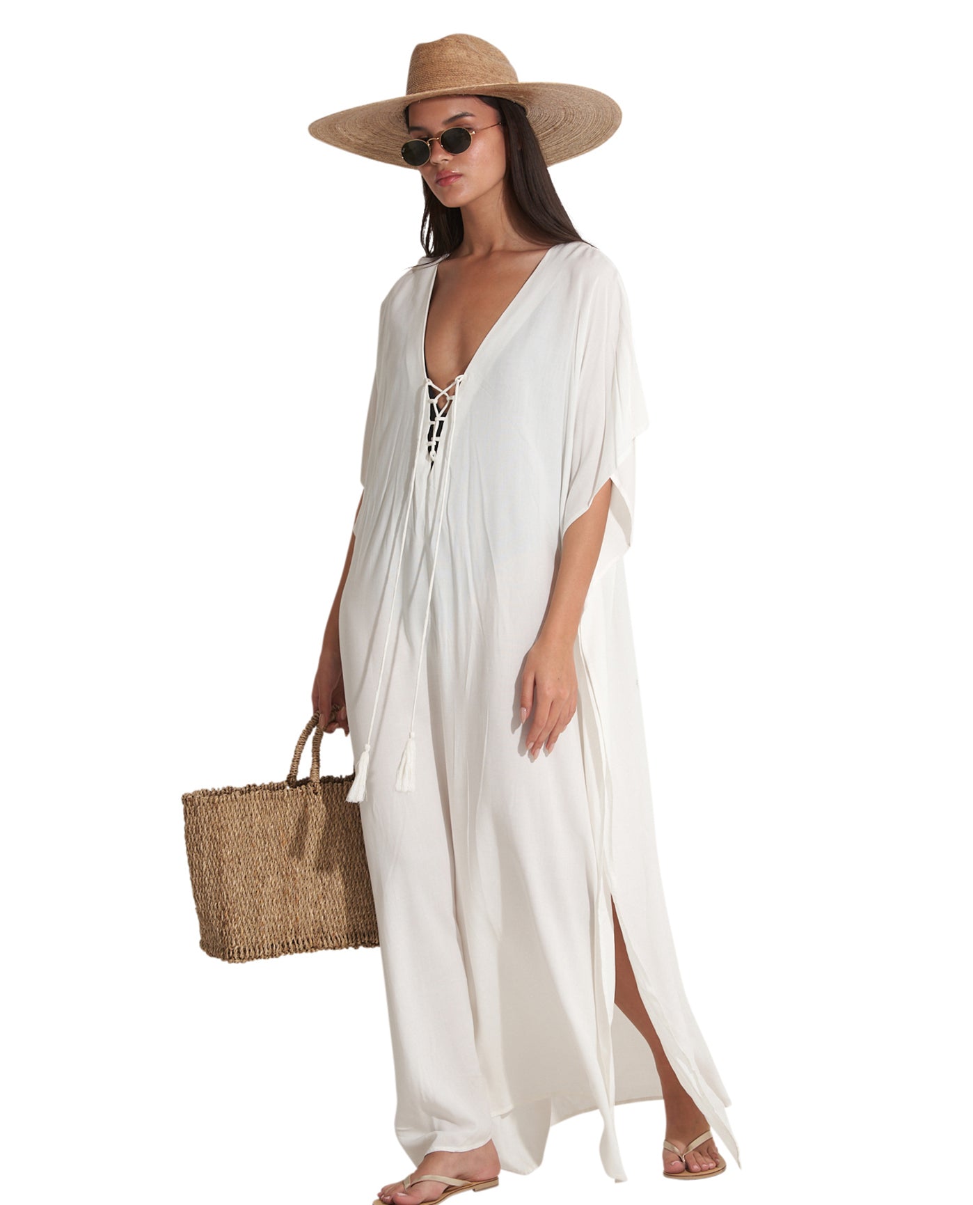 Front View Of Gottex Beach Life Best Lace Up Cover Up Kaftan | Cream