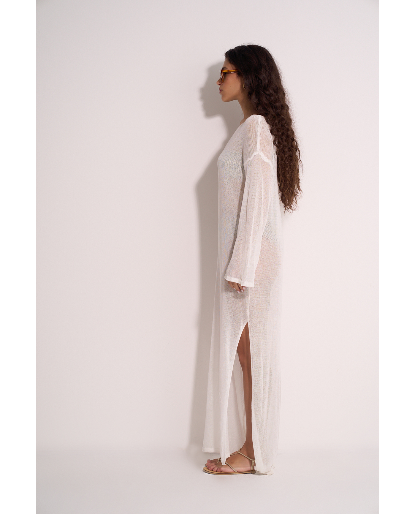 Classic Fishnet Long Sleeve Beach Dress - White