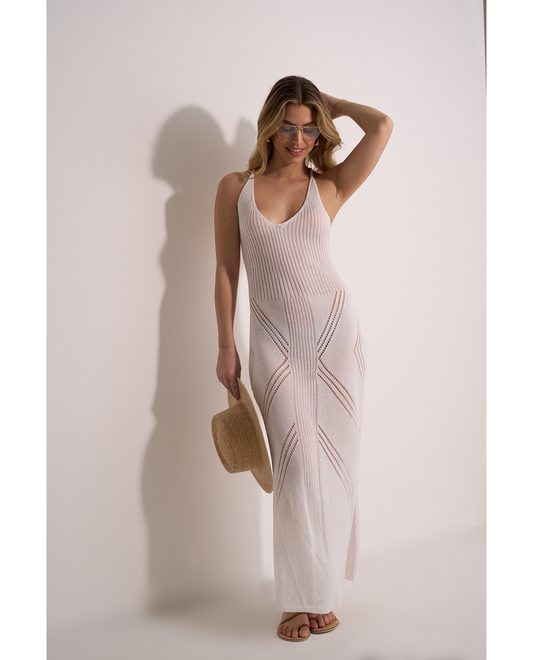Front View Of Geometric Crochet Maxi Dress Cover-Up | geometric-off-white