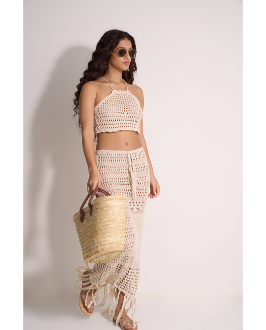 Front View Of Crochet Fringe Skirt and Crop Top Set | fringe-cream