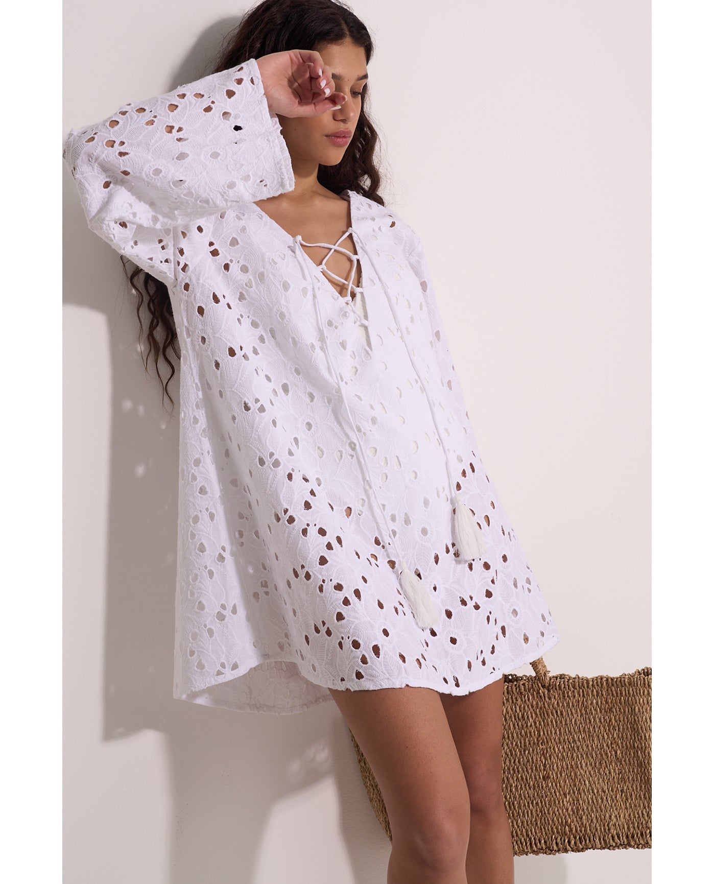 Coastal Lace Mini Dress Cover-Up | White