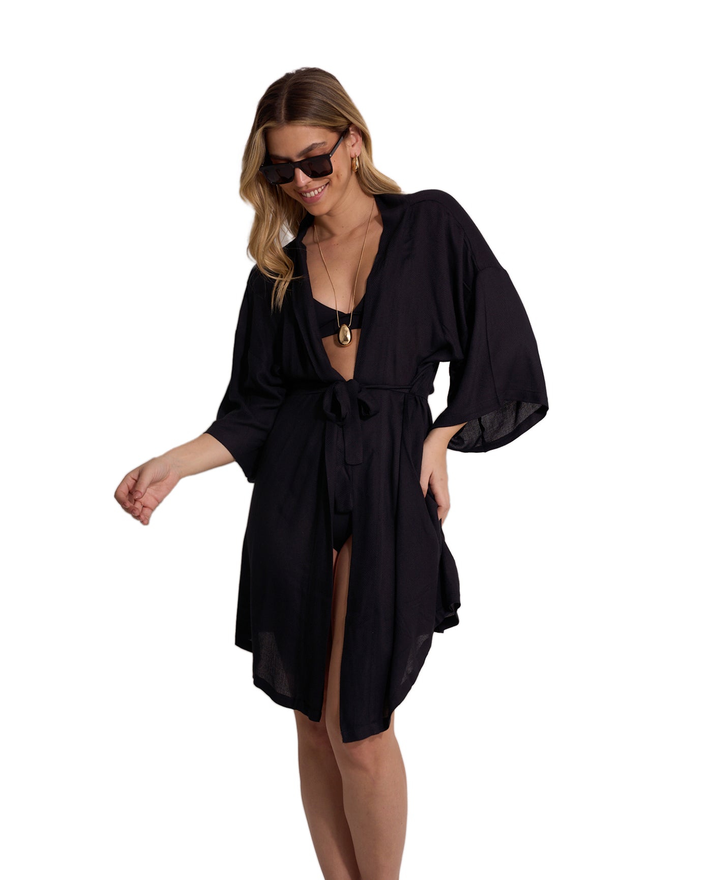 Front View Of Satin Shore Robe Cover-Up | Black
