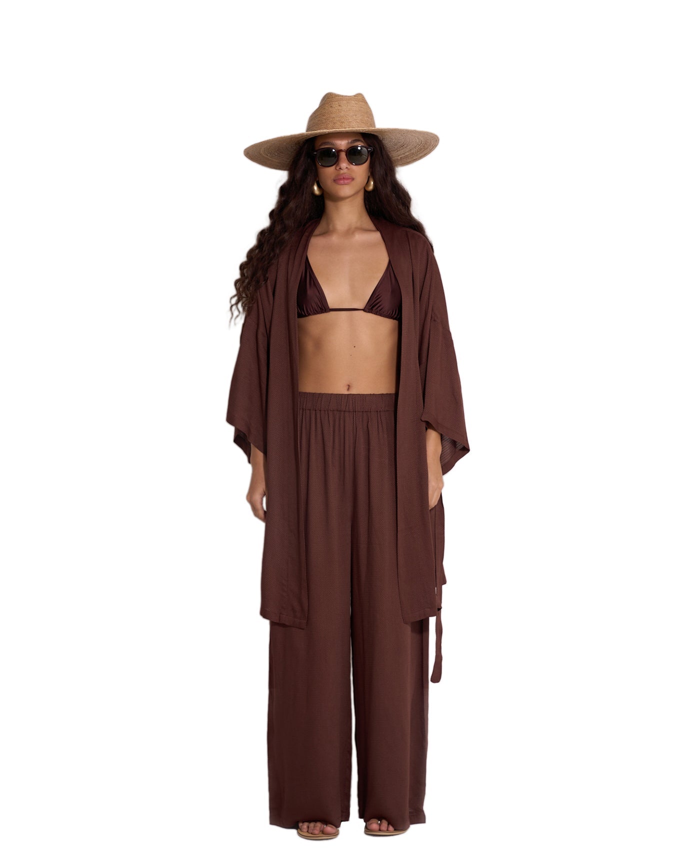 Front View Of Satin Shore Robe Cover-Up | dark-brown
