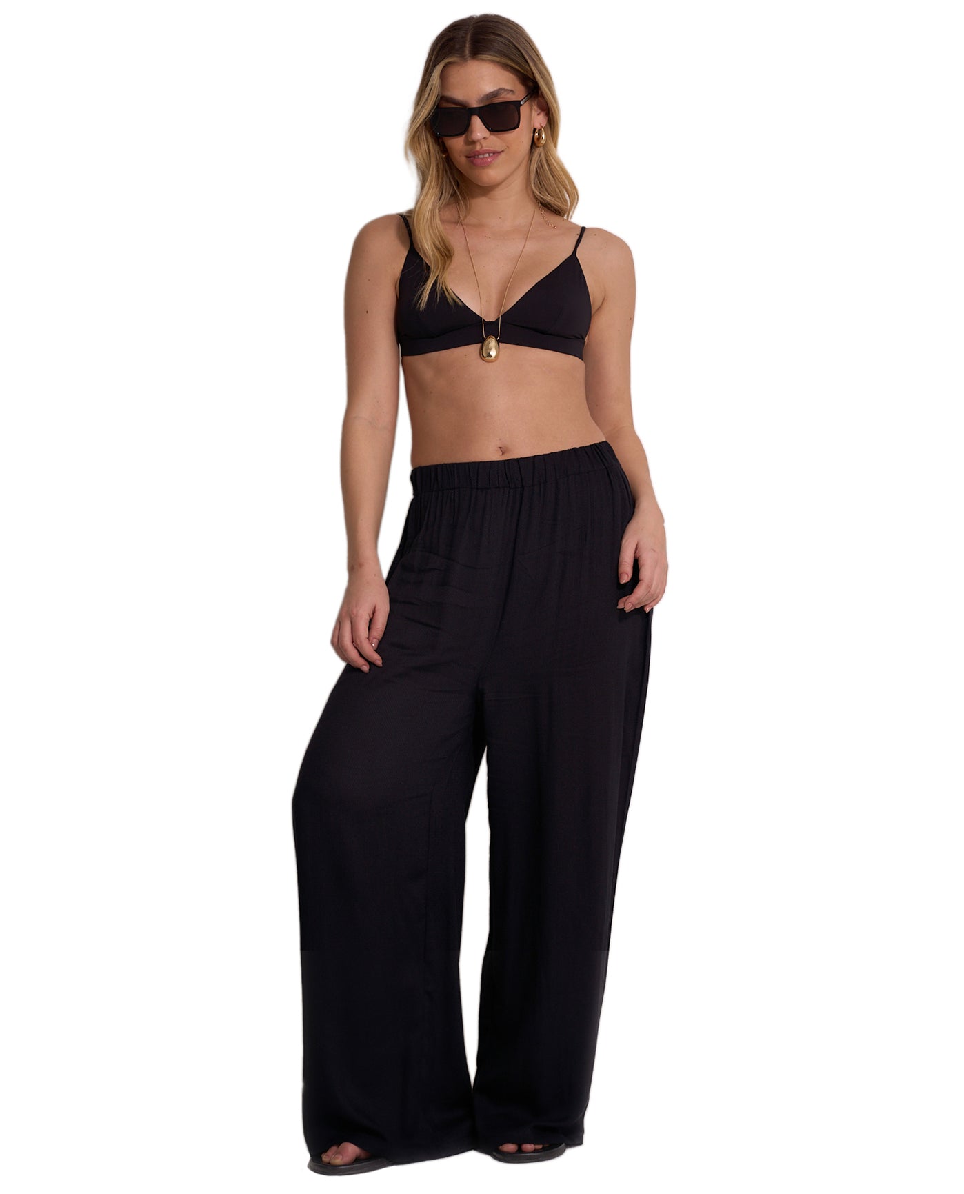 Front View Of Satin Shore High Waist Beach Pant Cover-Up | Black
