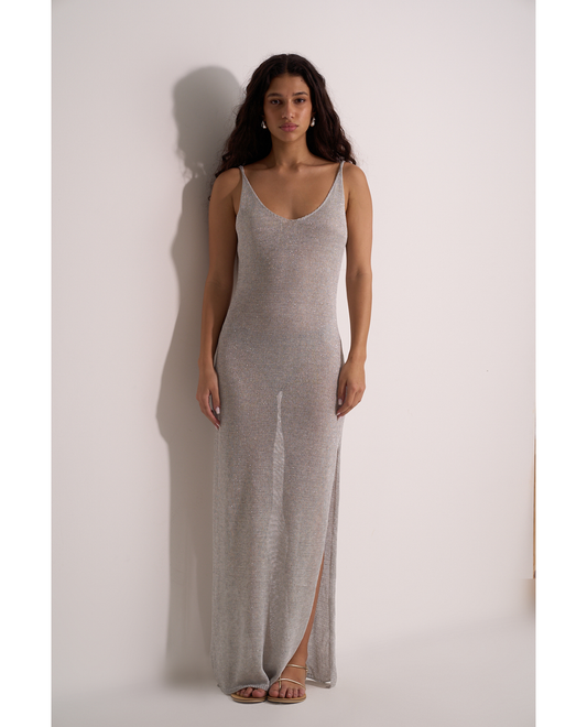 Front View Of Monic Sparkly Knit Dress Cover-Up | monic-silver

