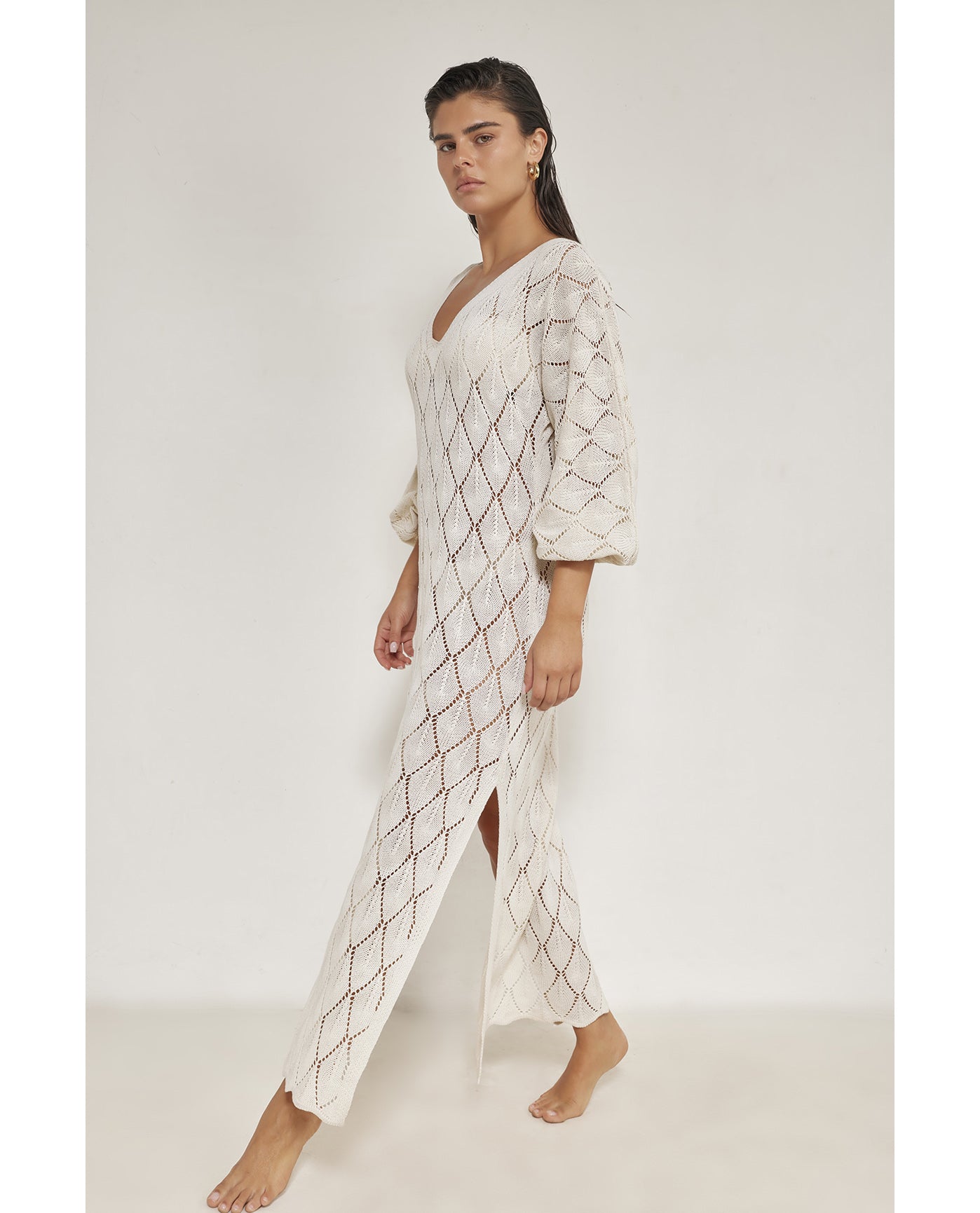 Belinda V-Neck Crochet Dress Cover-Up-Beige