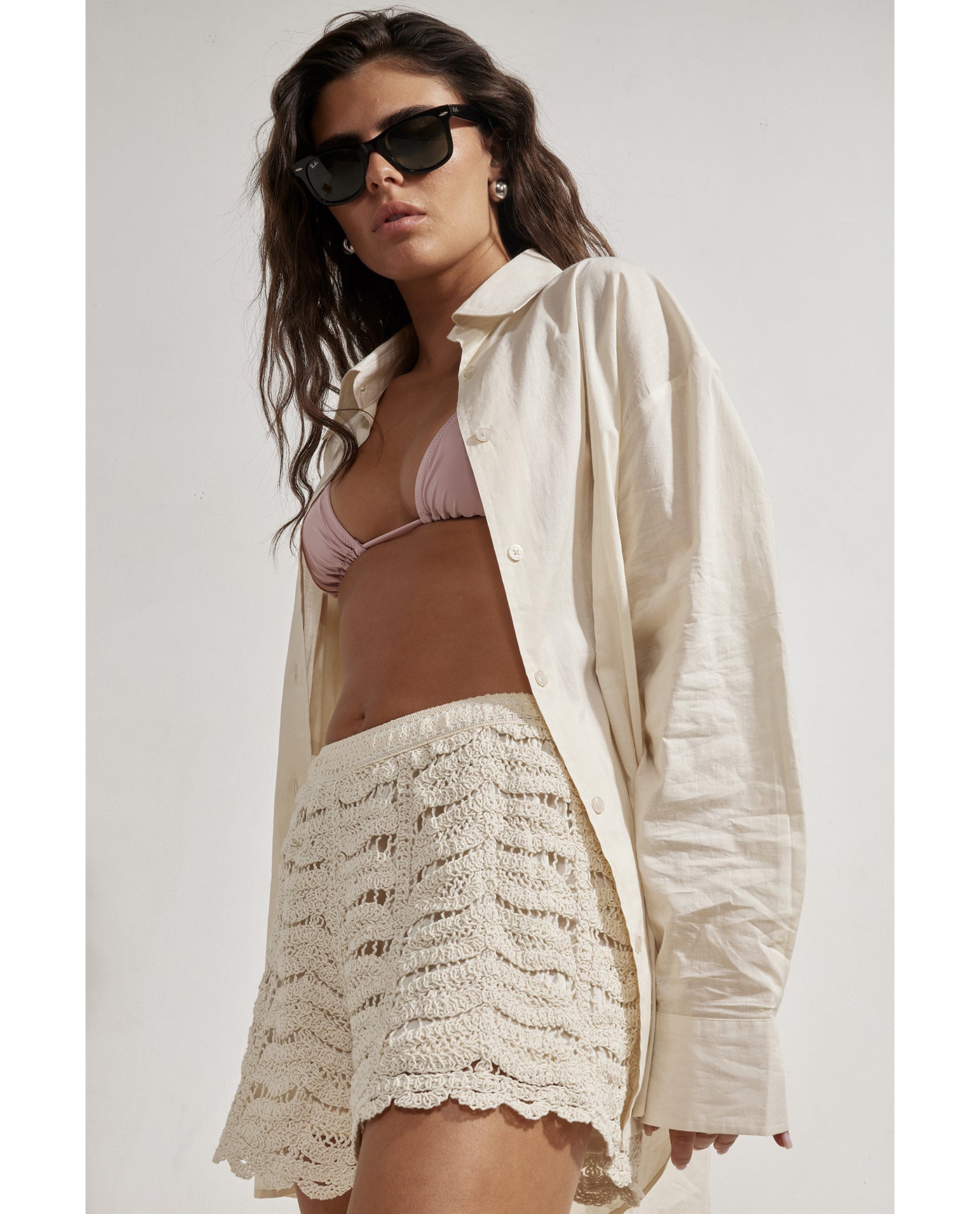Taylor Crochet Beach Shorts Cover-Up-Beige