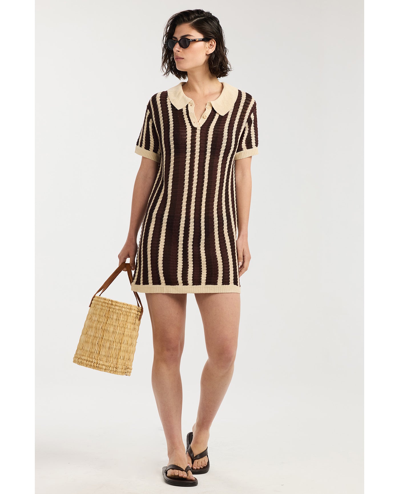 Davi Crochet Collared Mini Dress Cover-Up-Brown multi
