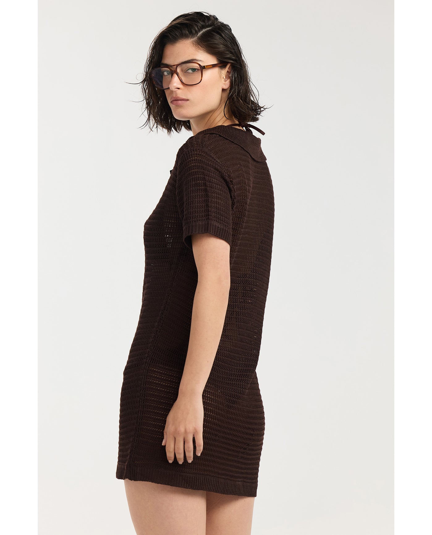 Davi Crochet Collared Mini Dress Cover-Up-Brown