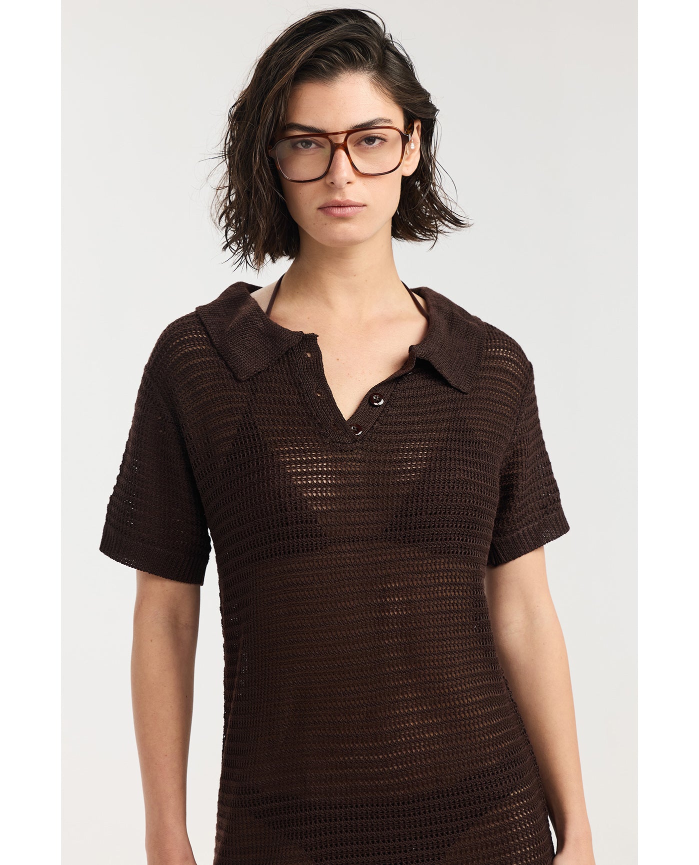 Davi Crochet Collared Mini Dress Cover-Up-Brown