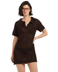 Davi Crochet Collared Mini Dress Cover-Up-Brown