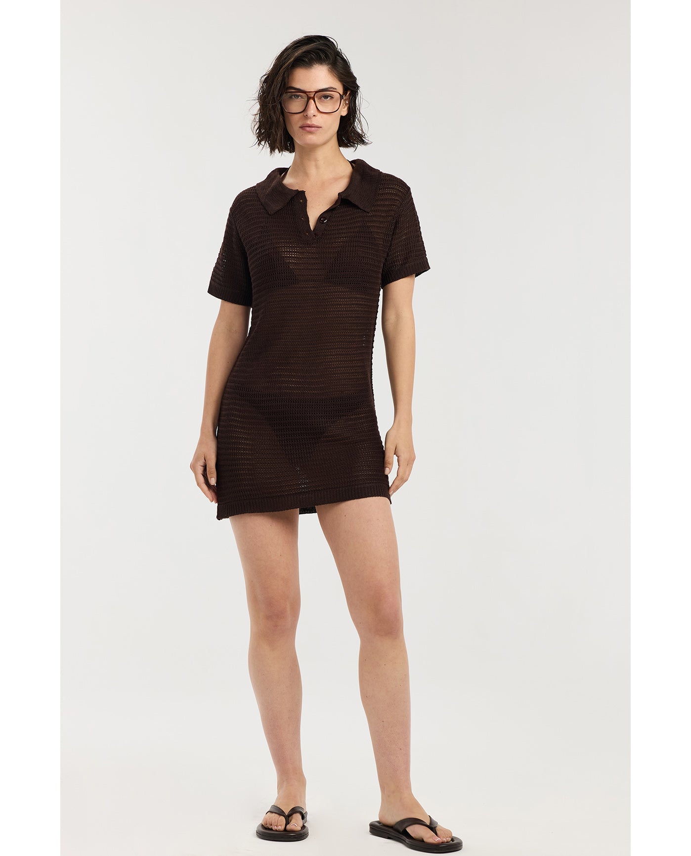 Davi Crochet Collared Mini Dress Cover-Up-Brown